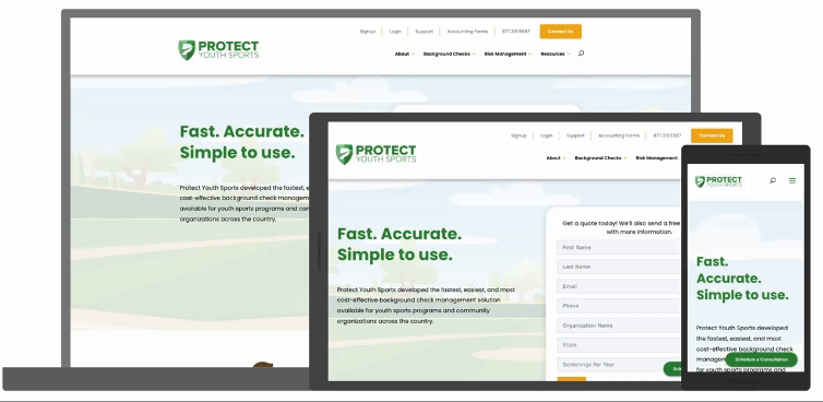 Protect Youth Sports website in desktop, tablet, and phone presentations